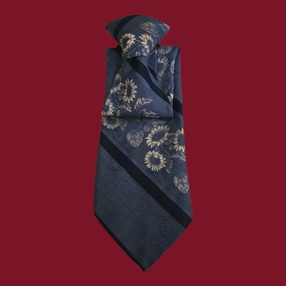 Vtg SEARS MCM Blue Sunflower Floral Striped Wide Clip-on Tie